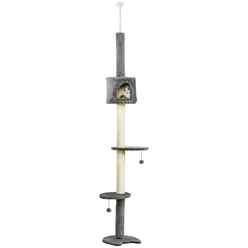 PawHut Árbol Rascador para Gatos Rascador para Fijar al Techo Altura 217 cm con Plataformas Cueva Postes de Sisal Bolas Colgantes Gris Claro