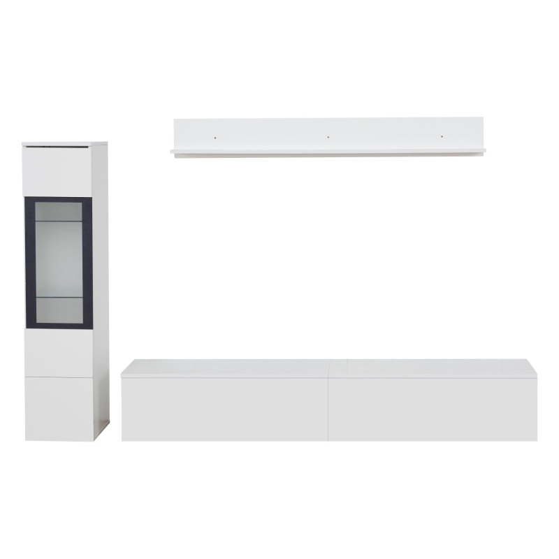High Gloss TV Wall Unit Set with LED Lighting, Handleless Design, Includes TV Cabinet, Display Cabinet, Hanging Shelf, 457L x 84W x 76H cm, White