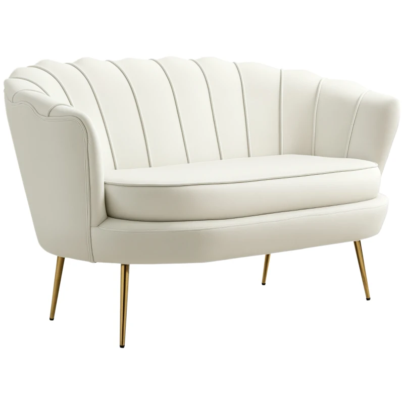 HOMCOM 2 Seater Sofa, Modern Velvet Loveseat Sofa, Fabric Small Couch with Petal Backrest and Gold Steel Legs for Living Room, Bedroom, Cream