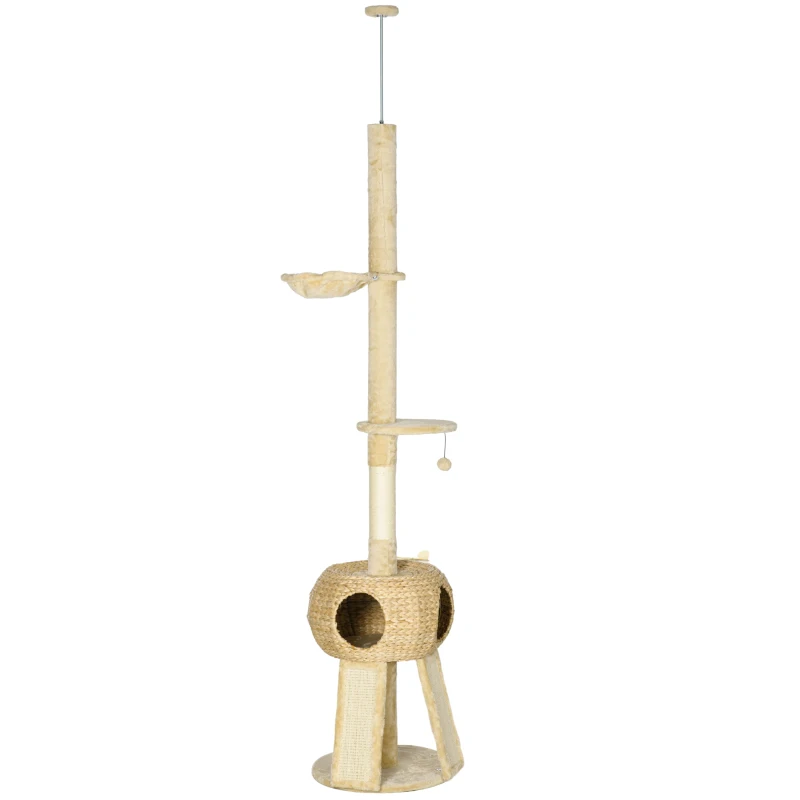 PawHut Árbol para Gatos de Suelo a Techo de 225-255 cm con Cueva Hamaca Postes Rampas y Bolas Ø48x225-255 cm Beige