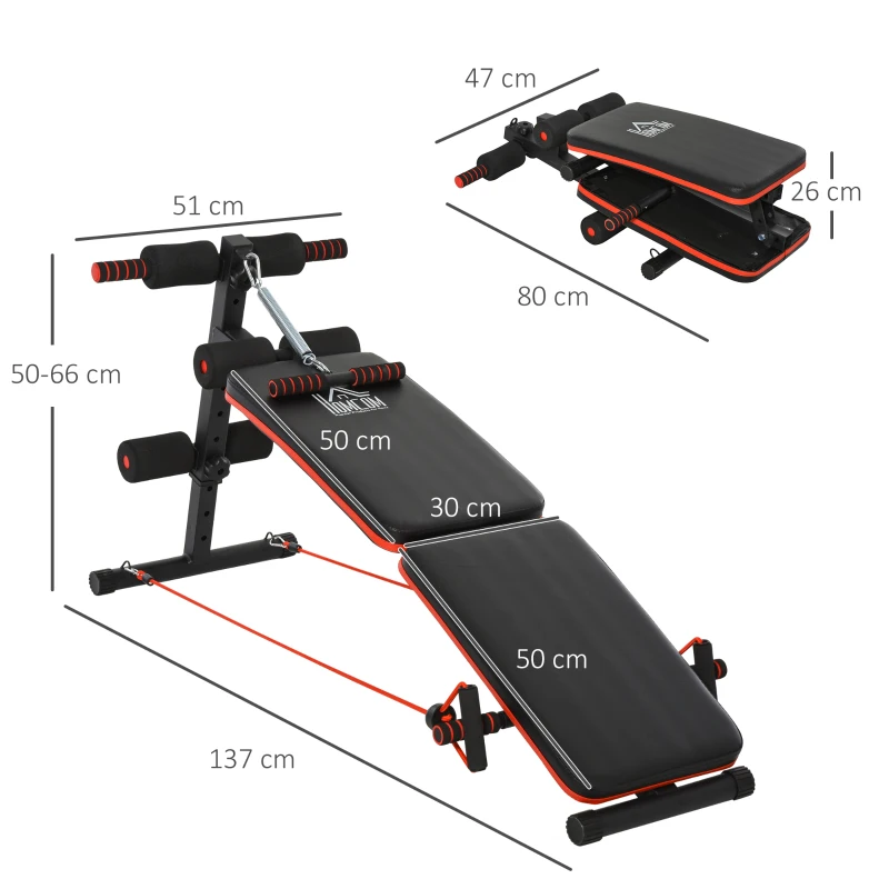 HOMCOM Foldable Sit Up Bench with Resistance Ropes, Core Workout Bench with Adjustable Thigh Support, for Home Gym, Black(m-3)