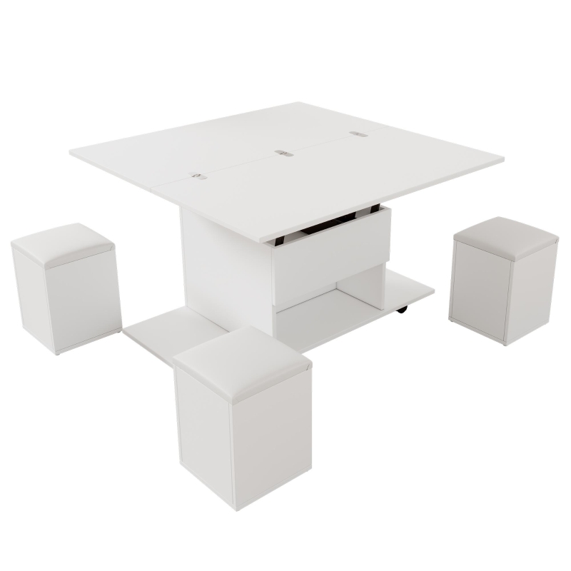 Lift-Up Coffee Table with Hydraulic Mechanism, Hidden Storage and Adjustable Height, 100L x 50W x 48H cm, White