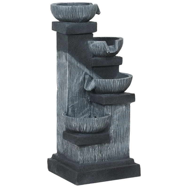 Outsunny 85 cm Outdoor Fontein, 4-Verdiepingen Sierfontein, Kunstmatige Waterval met LED-verlichting en Pomp, Grijs