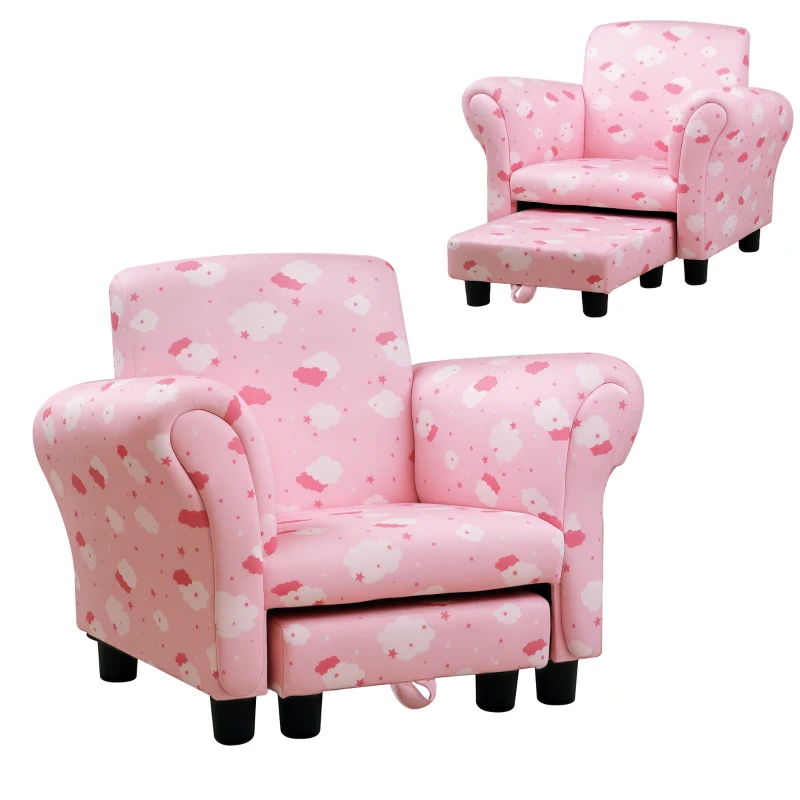 HOMCOM Toddler Chair Children's Armchairs Wood Frame w/ Footrest Anti-Slip Legs High Back Arms for Bedroom Playroom Cute Cloud Star Pink