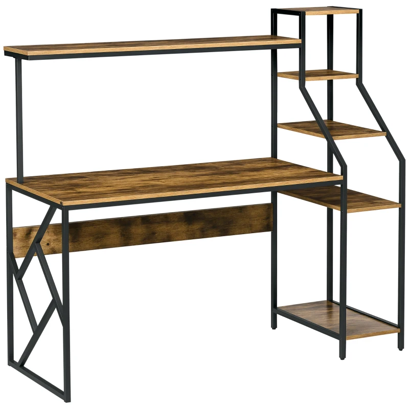HOMCOM Computer Desk with Bookshelf, Industrial Writing Table with 6 Tier Storage Shelves for Home Office, Bedroom, Study, 150 x 55 x 138cm, Rustic Brown
