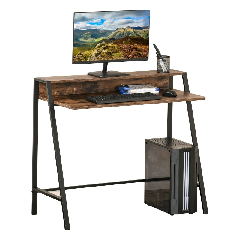 HOMCOM Compact Computer Table, Writing Desk for Home Office with Storage Shelf and Steel Frame, Rustic Brown