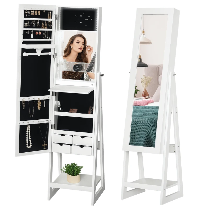 HOMCOM Jewellery Cabinet, Standing Mirror with LED Lights, Full-Length Mirror with Storage Drawers, Hooks and Shelves, Make-Up Armoire, Jewellery Organiser for Bedroom, White