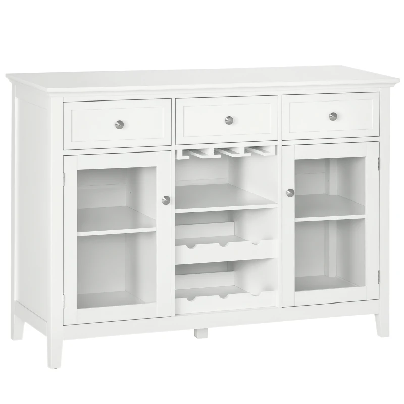 HOMCOM Sideboard, Buffetschrank, 3 Schubladen, 2 Schrankfächer, Glastüren, Weinregal, weiß, 120 x 40 x 87cm