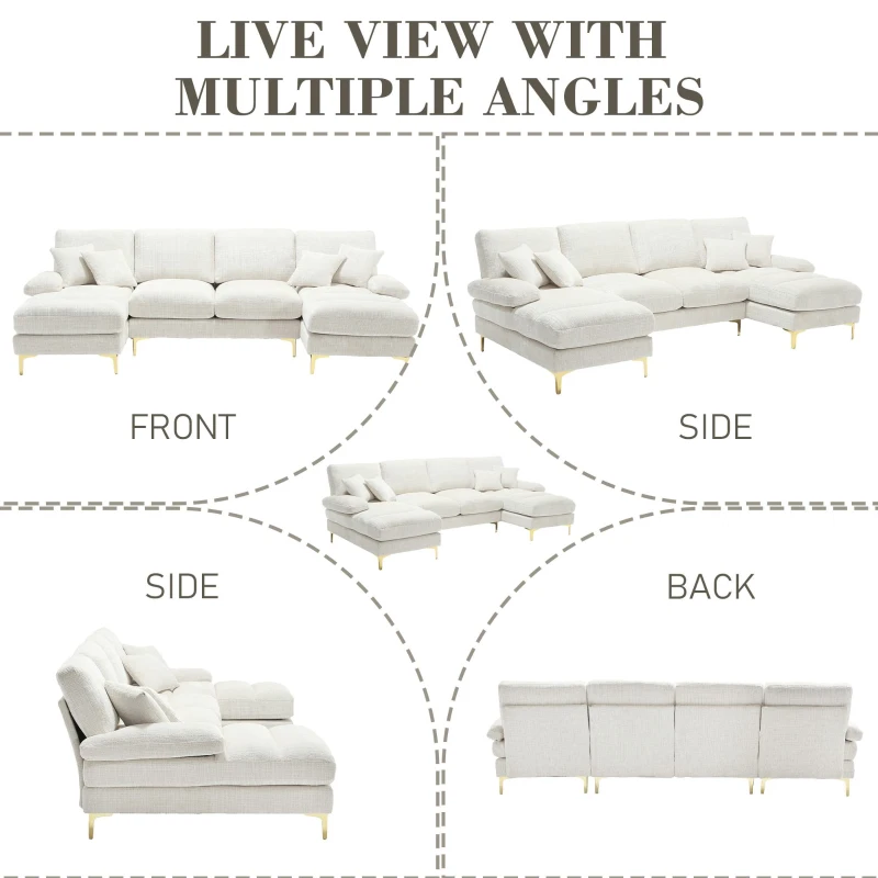 U-Shaped Modular Sofa with Pillows, Rubber Pads, Double Chaise, Chenille Fabric Sectional Couch for Living Room, 272L x 136W x 88H cm, Beige