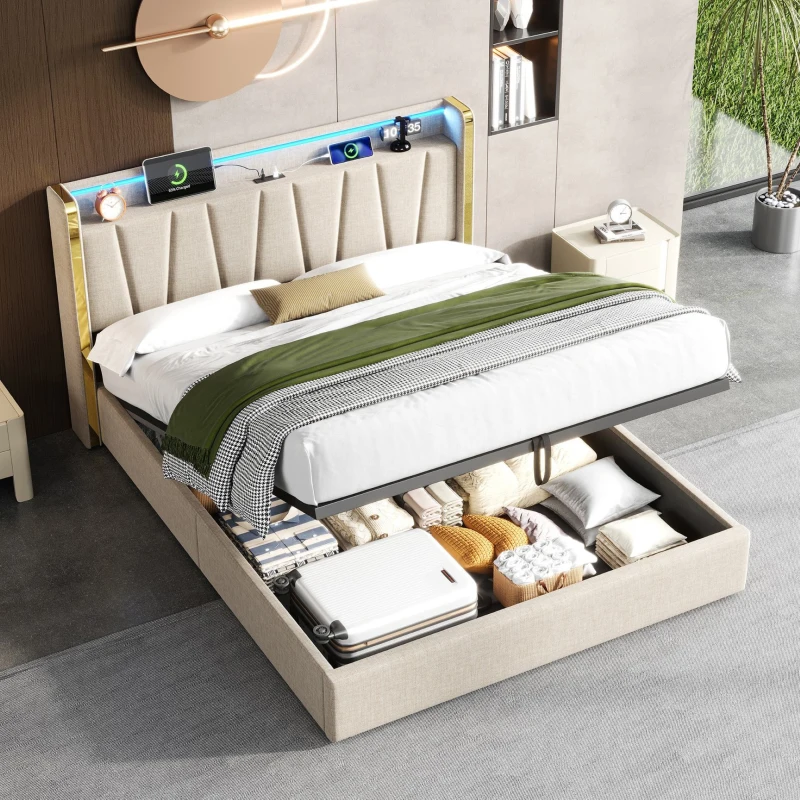 Double Upholstered Bed Frame with Hydraulic Storage, LED Headboard with USB and Type-C Charging Ports, 214L x 150W x 110H cm, Beige