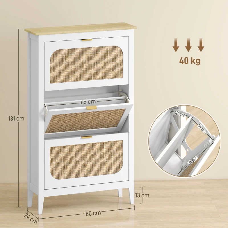 HOMCOM Schuhschrank für 21 Paar im Bohème-Stil mit 3 klappbaren Schubladen, Rattantüren, 80 x 24 x 131 cm, Weiß