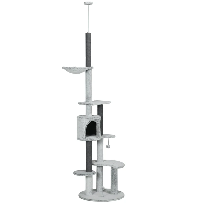 PawHut 255cm Floor to Ceiling Cat Tree with Scratching Posts, Height Adjustable Cat Tower with Hammock, House, Anti-tipping Kit, Perches, Toys, Grey
