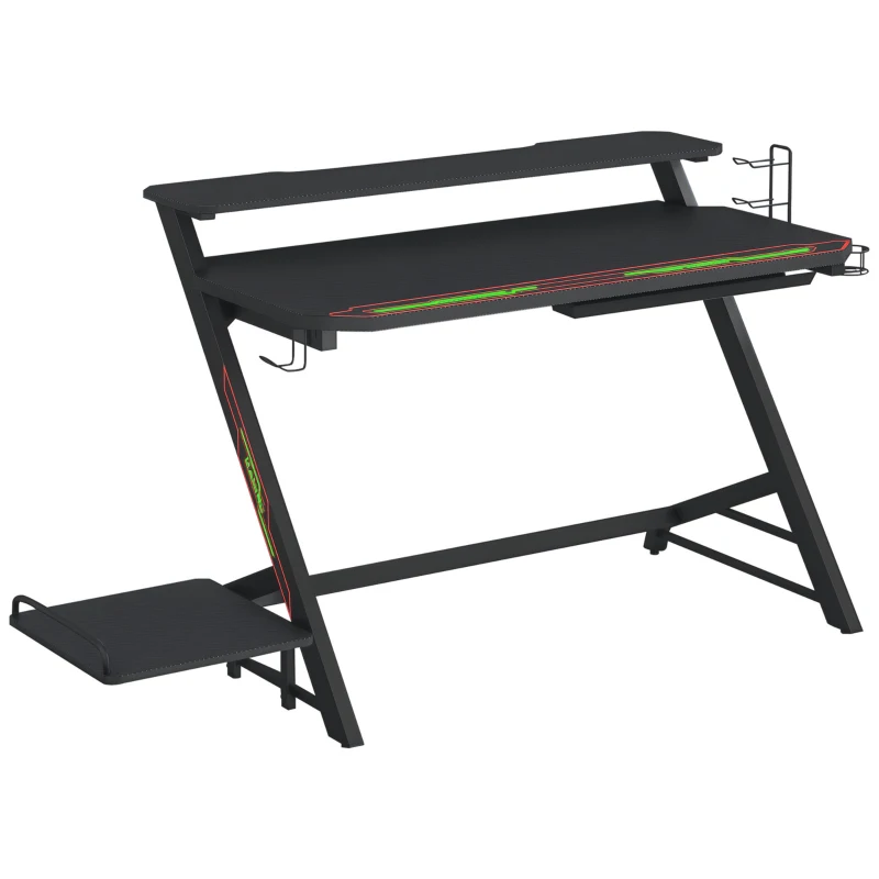 HOMCOM Bureau gaming bureau gamer LED - télécommande, bracket casque, manettes, porte-gobelet - grand plateau MDF, étagère écran et CPU - châssis métal rouge noir