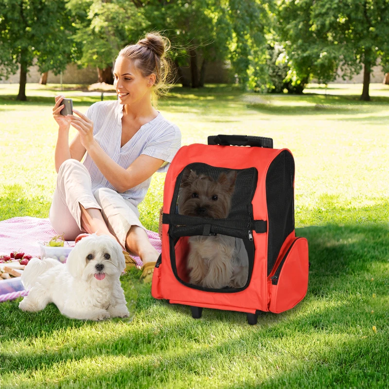 PawHut Pet Travel Backpack Bag Cat Puppy Dog Carrier w/ Trolley and Telescopic Handle Portable Stroller Wheel Luggage Bag (Red)