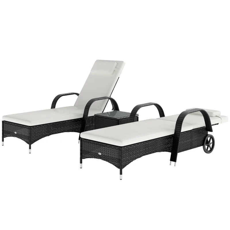 Outsunny 2 Seater Rattan Sun Lounger Set with Side Table Black