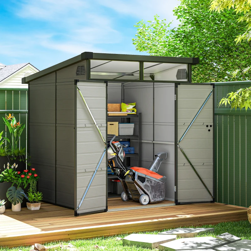 Outsunny 1,9 x 1,9 m Tuinschuur, Opslagschuur uit Kunststof, met Afsluitbare Deuren, 2 Ventilatieopeningen, Lichtgrijs