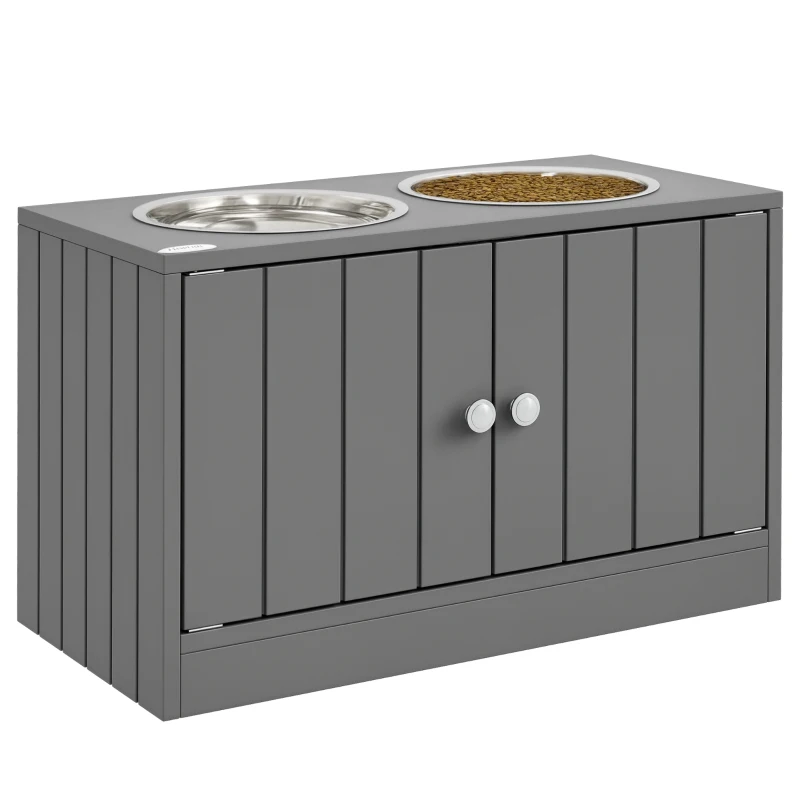 PawHut Ciotola per Cani Rialzata con 2 Ciotole in Acciaio Inossidabile e 44 L di Vano Contenitore, Porte Magnetiche, Grigio
