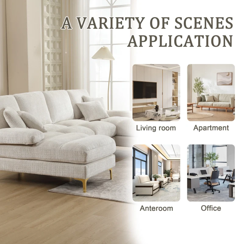 U-Shaped Modular Sofa with Pillows, Rubber Pads, Double Chaise, Chenille Fabric Sectional Couch for Living Room, 272L x 136W x 88H cm, Beige