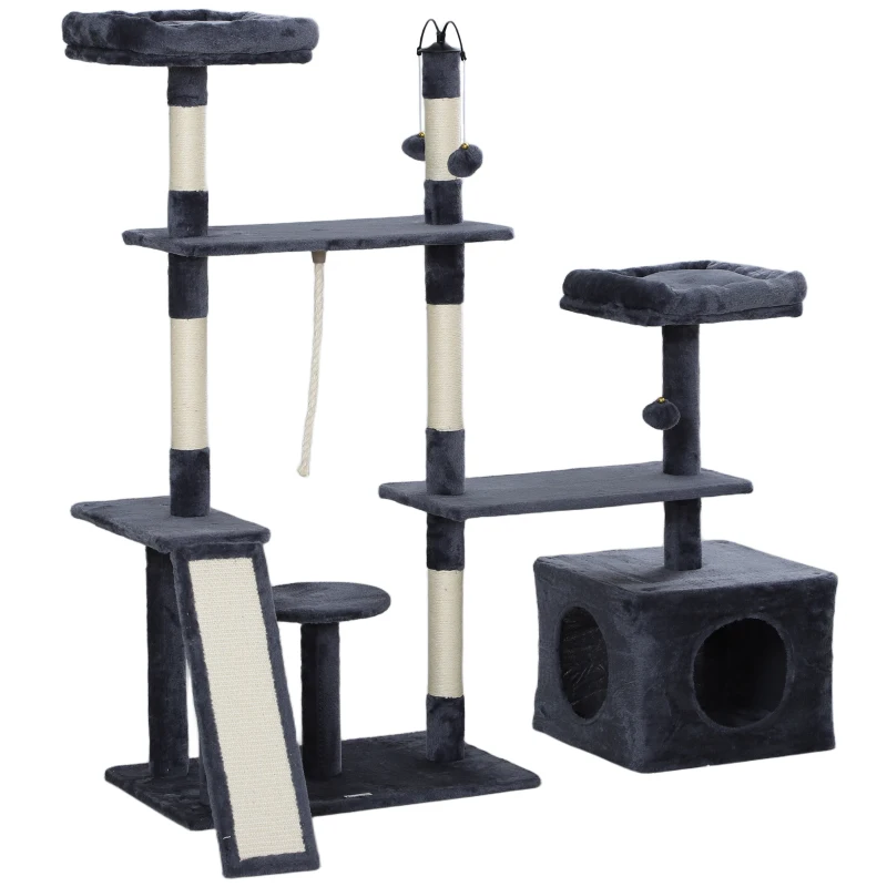 PawHut Rascador para Gatos 134 cm Torre para Gatos con Nidos Plataformas Bolas de Juguete y Postes de Sisal Gris Oscuro
