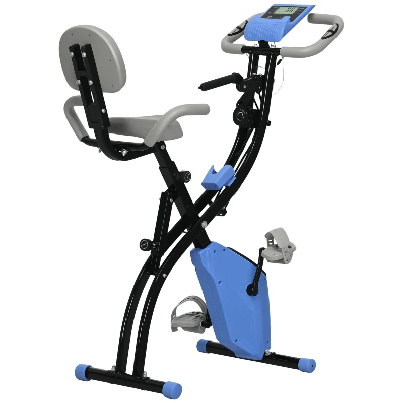 HOMCOM Vélo d'appartement pliable, vélo d'exercice, home traîner pour adultes, 8 niveaux de résistance magnétique, capteurs pouls main, écran LCD multifonction, selle réglable, acier, bleu, gris