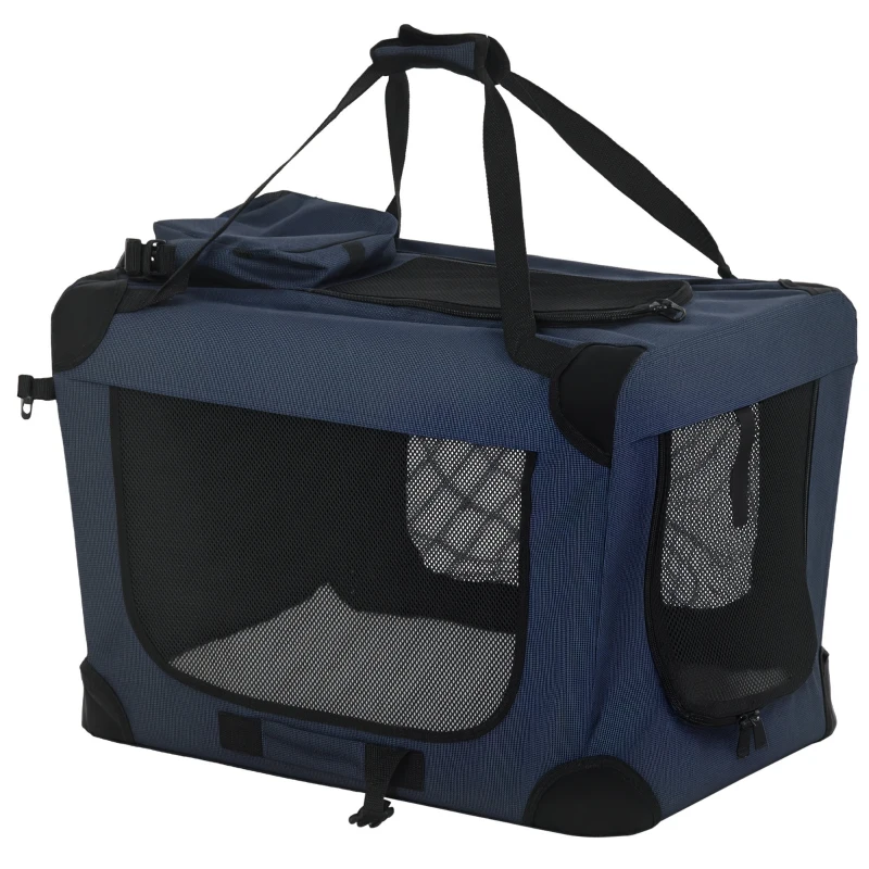 PawHut Transportín para Perros Plegable 60x41x41 cm Transportín para Mascotas con Ventanas Cojín Suave y 2 Correas del Hombro Bolsa de Transporte para Mini Perros Gatos Azul Oscuro