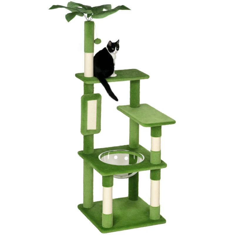 PawHut Albero per Gatti Multilivello con Amaca, Tiragraffi, Pallina e Foglie Decorative, 49x49x142 cm, Verde