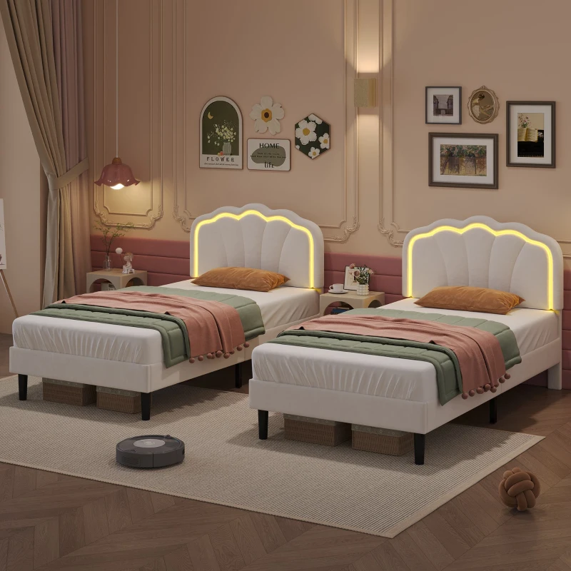 Single Upholstered Bed Frame with Adjustable Shell Headboard and RGB LED, Velvet Fabric and Solid Wood Slat, 194L x 94W x 111H cm, White