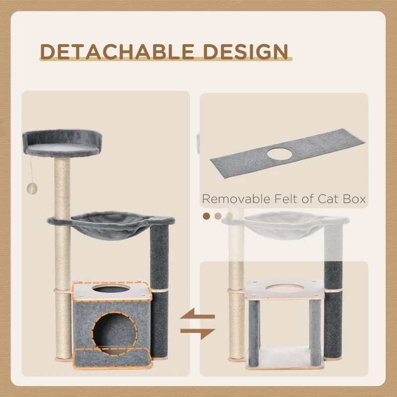 PawHut Cat Tree for Indoor Cats 95cm Climbing Tower Kitten Activity Center with Sisal Scratching Post Perch Roomy Condo Hammock, Grey