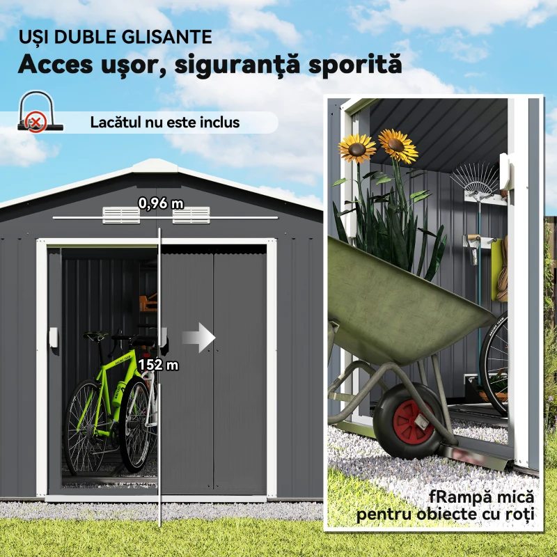 Outsunny Cobertizo de Jardín 12,4 m² 340x386x200 cm con 2 Puertas Corredizas Base Refuerzo (Suelo NO Incluido) Gris Oscuro