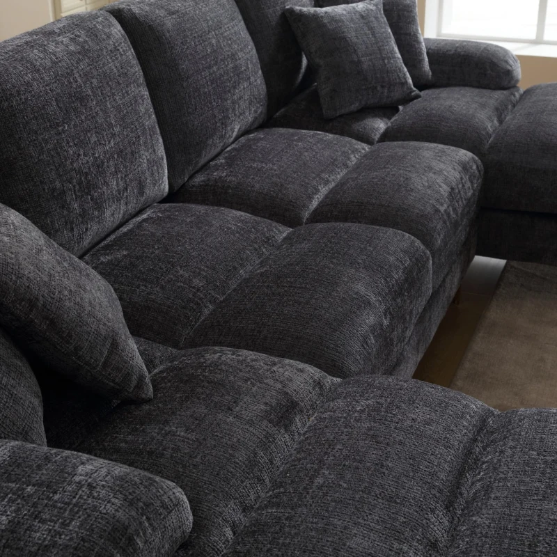 U-Shaped Modular Sofa with Pillows, Double Chaise, Rubber Pads, Chenille Fabric Sectional Couch for Living Room, 272L x 136W x 88H cm, Grey