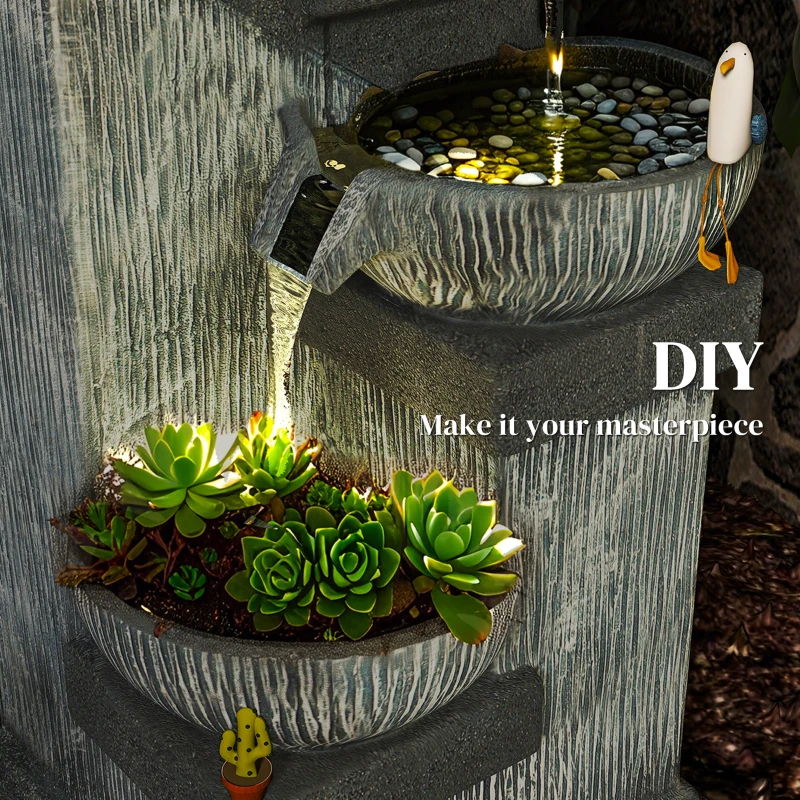 Outsunny 85 cm Outdoor Fontein, 4-Verdiepingen Sierfontein, Kunstmatige Waterval met LED-verlichting en Pomp, Grijs