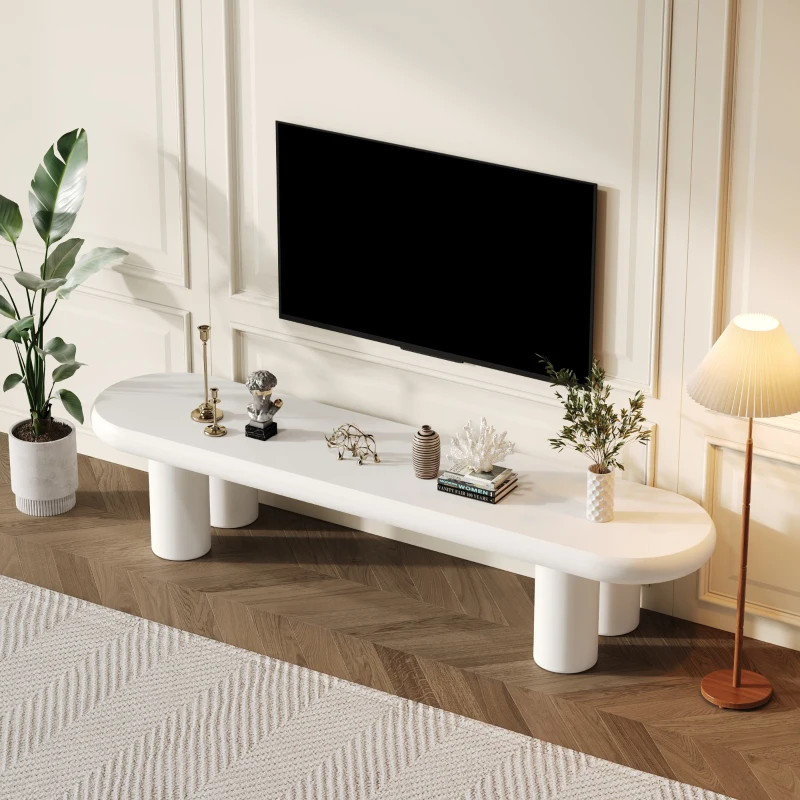 Wooden TV Stand Cabinet with Durable Construction, MDF Entertainment Centre with Rounded-Edge Design, 160L x 40W x 40H cm, White