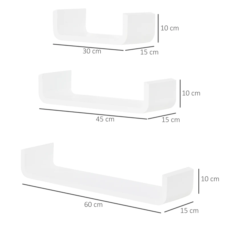 HOMCOM Set of 3 Wall Shelf, U Shape Floating Shelves, Wall Mounted Shelves for Bedroom, Living Room, White