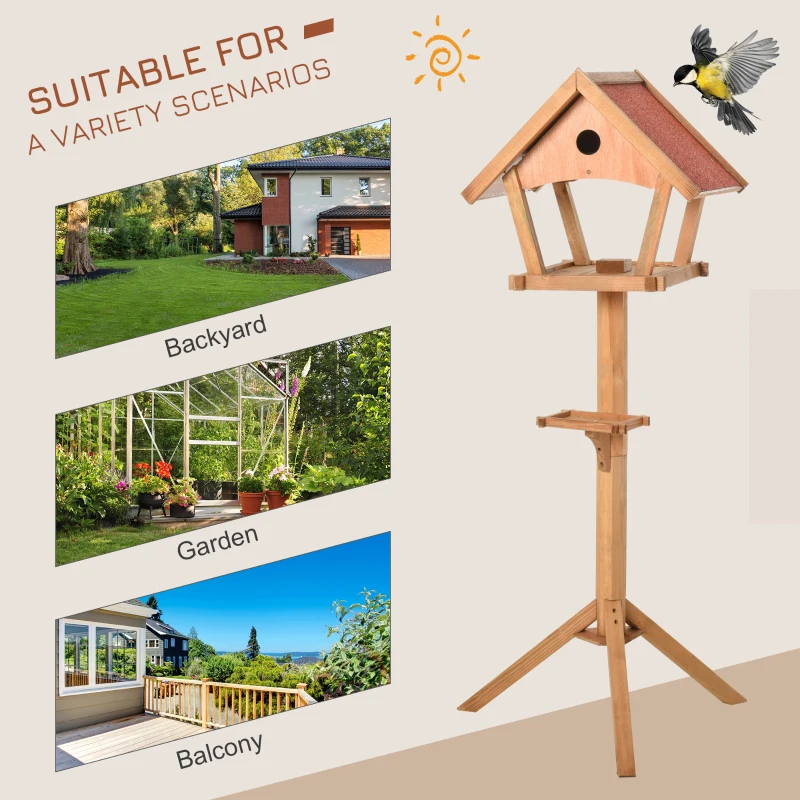 PawHut Wooden Bird Feeder Table Freestanding for Garden Outside with Weather Resistant Roof 49 x 45 x 139 cm Natural