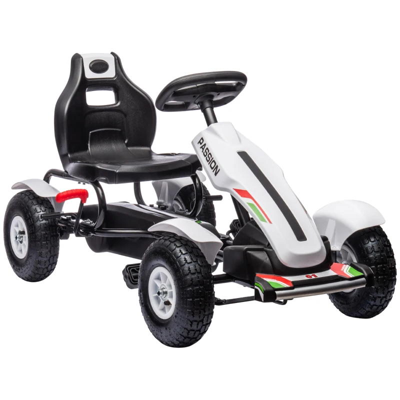 HOMCOM Go Kart a Pedales para Niños con Asiento Ajustable Neumáticos de Goma Freno de Mano Carga 50 kg 121x58x61 cm Blanco