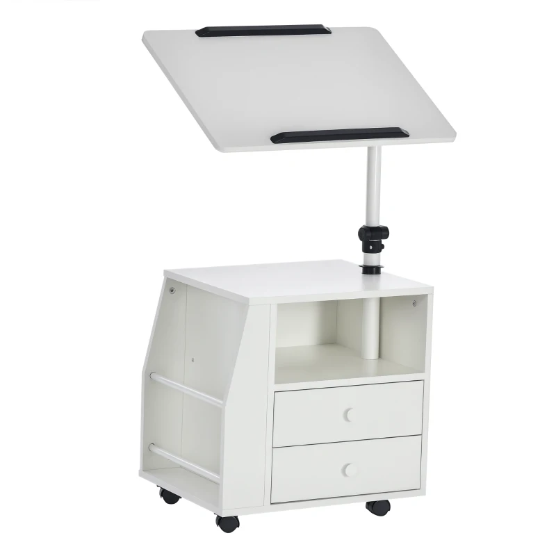HOMCOM Beistellwagen, Beistelltisch, flexible Tischplatte, 2 Schubladen, Zeitungsfach, 4 Räder, weiß, 60 x 40 x 90cm