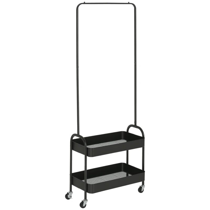 HOMCOM Movable Coat Rack, Metal Clothes Rack on Wheels with Shoe Storage, Clothing Rail, Freestanding Coat Stand for Entryway, Black