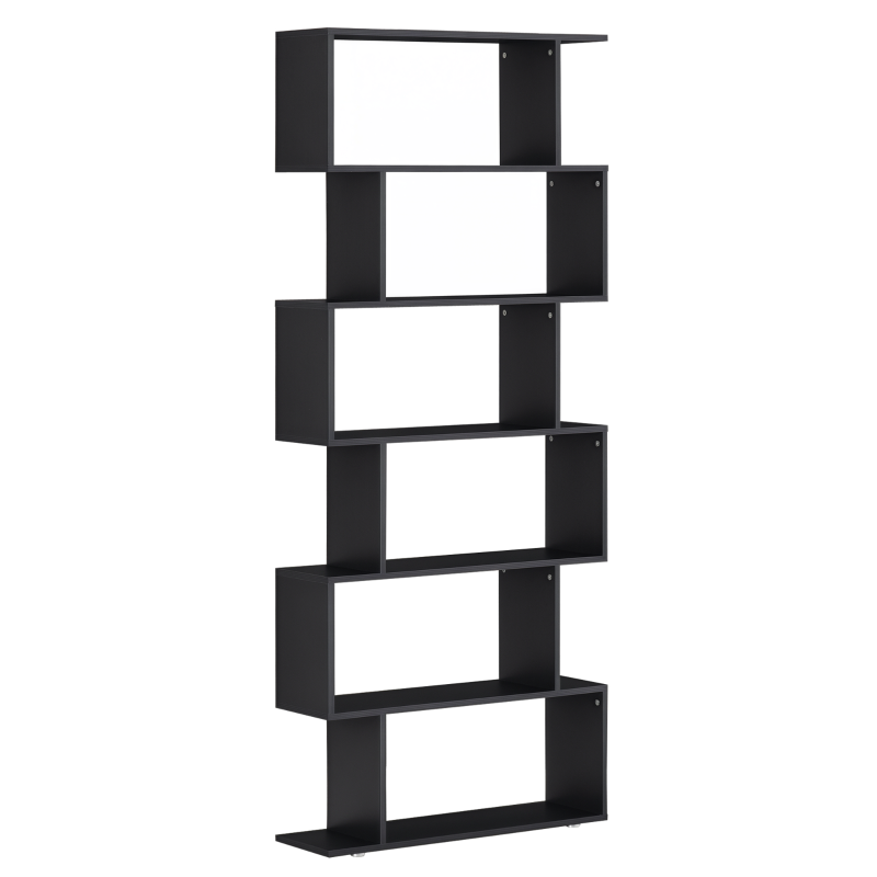 HOMCOM Libreria di Design, Libreria a Parete Nera, 6 Ripiani Scomposti, Struttura a Zig-Zag, Moderna, Resistente, in Legno, per Salotto e Ufficio, 80x24x191cm, Nero