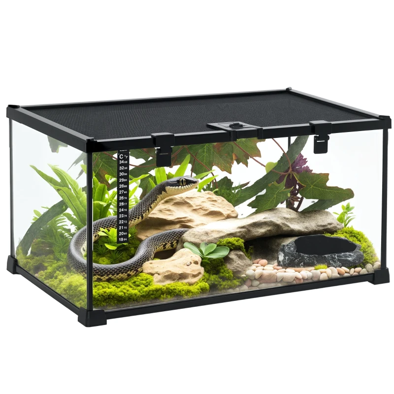 PawHut Glass Reptile Terrarium with Decor Kit, Breeding Tank with Thermometer for Small Animals, 50 x 30 x 25cm, Heated - Black