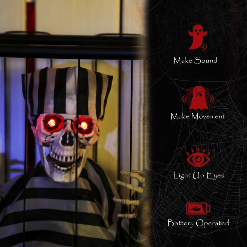 Outsunny Halloween Animated Hinging Skeleton Prisoner in Cage with Glowing LED Eyes, Spooky Skeleton Scary Halloween Decorations, Battery Operated, Indoor Party Props