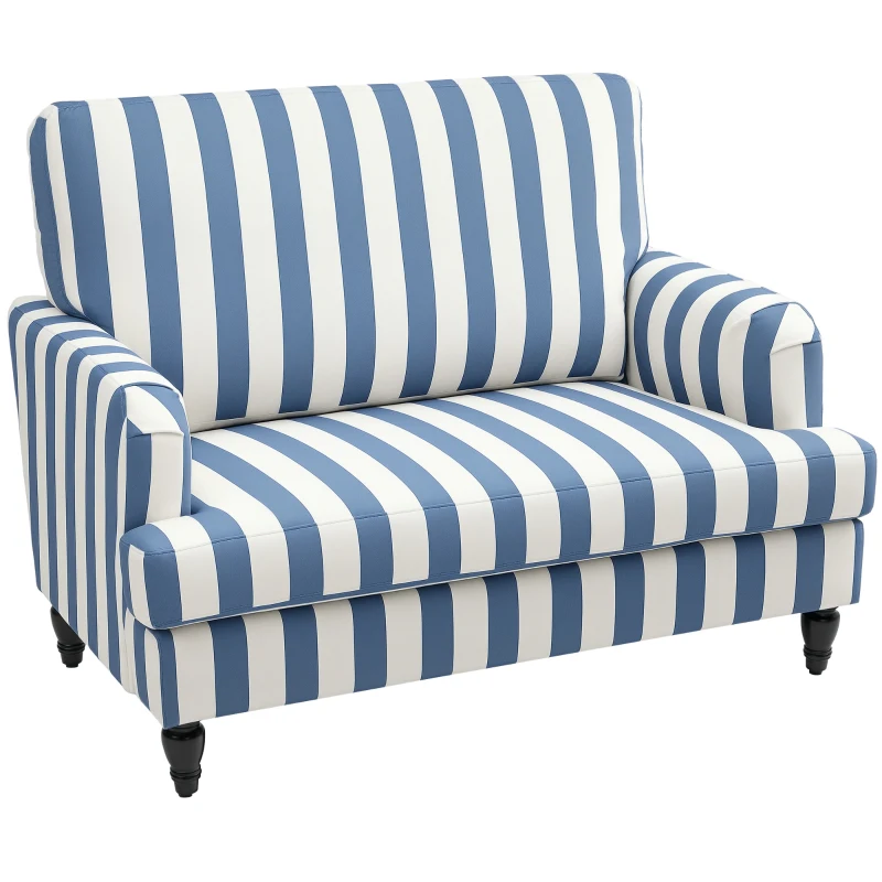 HOMCOM Modern Cuddle Chair, Velvet Single Sofa Armchair with Stripe, Turned Legs and Wide Seat, Upholstered Snuggle Chair for Living Room, Bedroom, Blue and White