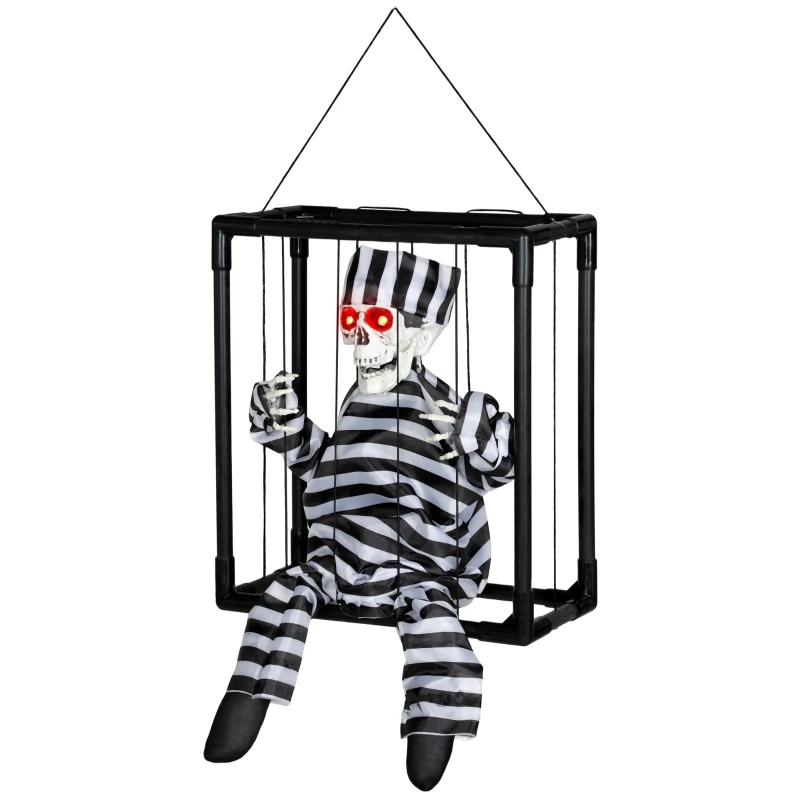 Outsunny Halloween Animated Hinging Skeleton Prisoner in Cage with Glowing LED Eyes, Spooky Skeleton Scary Halloween Decorations, Battery Operated, Indoor Party Props