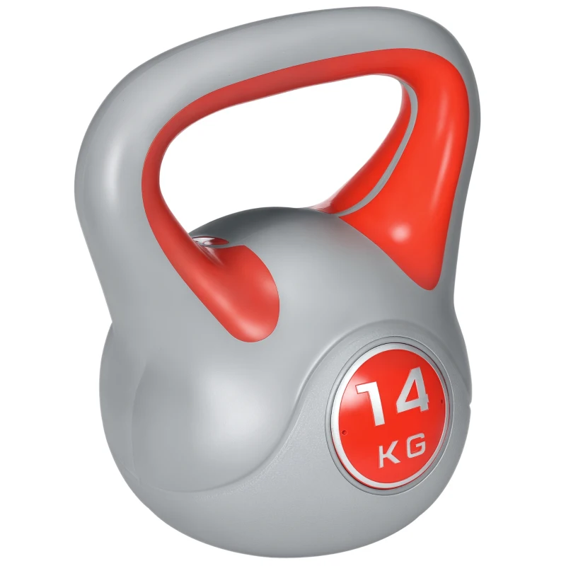 SPORTNOW Kettlebell 14kg in PU e Sabbia con Base Piatta e Impugnatura per Stacchi, Squat e Sollevamenti, 26x18x32 cm, Rosso