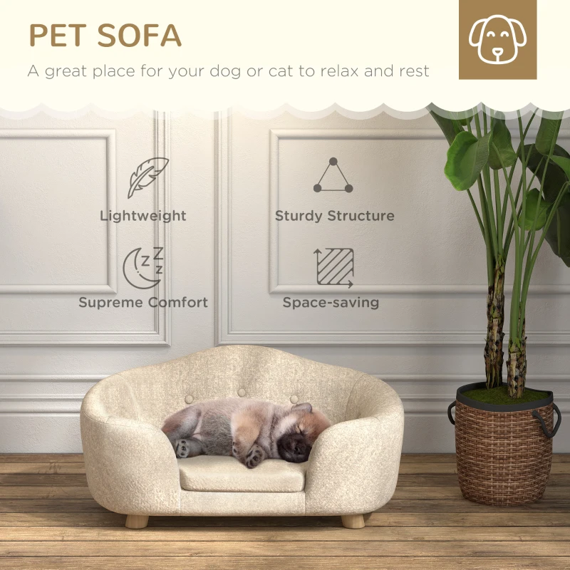 PawHut hondenbank hondenmat hondenmand hondenbank hondenbank kattenbank met kussen achterzak pluche schuim grenen hout beige + lichtgrijs 70 x 47 x 30 cm(m-4)