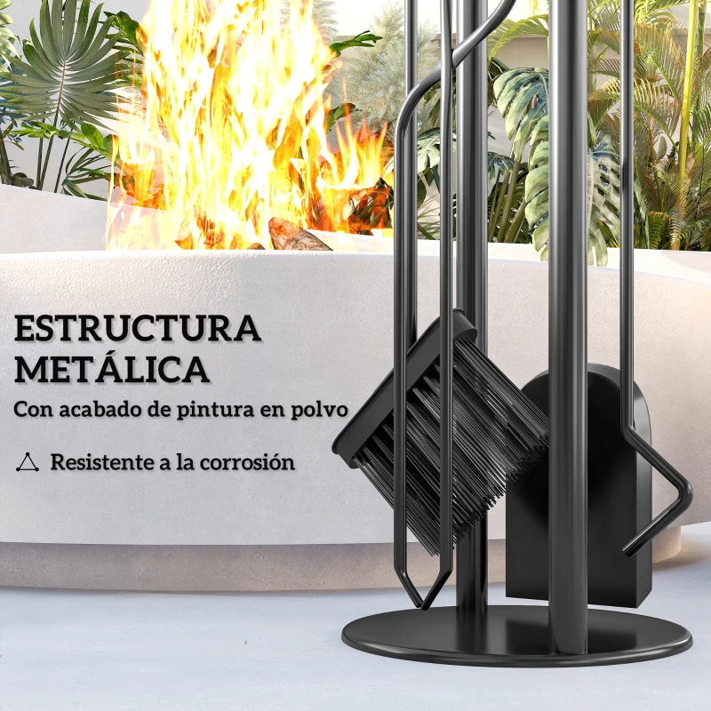 Outsunny Juego de Utensilios para Chimenea de 5 Piezas de Metal con Escoba Pala Tenazas Atizador y Soporte 20x20x71 cm Dorado
