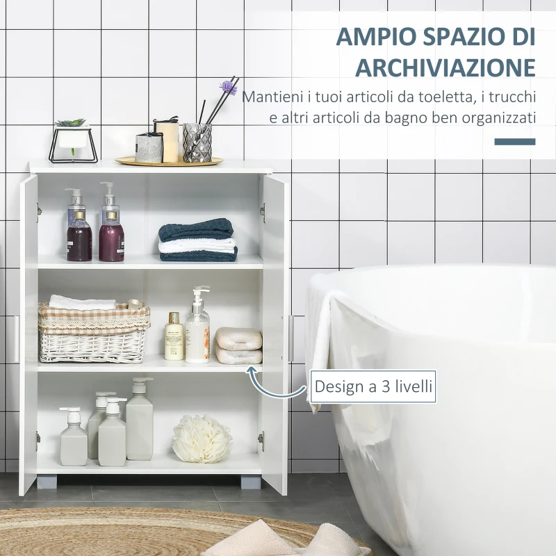 kleankin Mobile Bagno Moderno con 2 Ante, 2 Ripiani Regolabili e Maniglie Argentate, 60x30x80 cm, Bianco