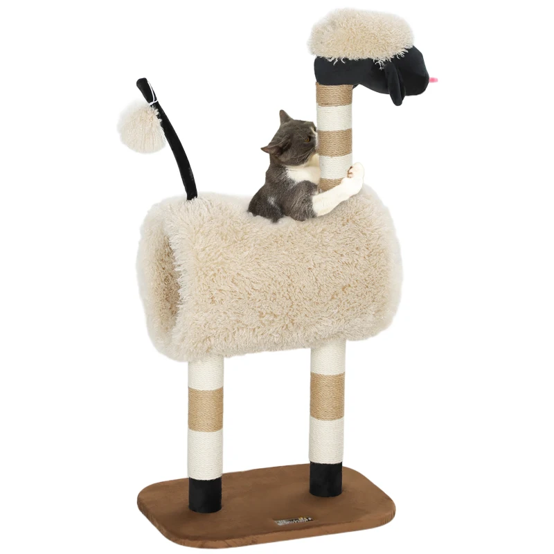 PawHut Albero Tiragraffi con Design pecora nera, con tiragraffi, tunnel e giocattolo, 98 cm, marrone chiaro