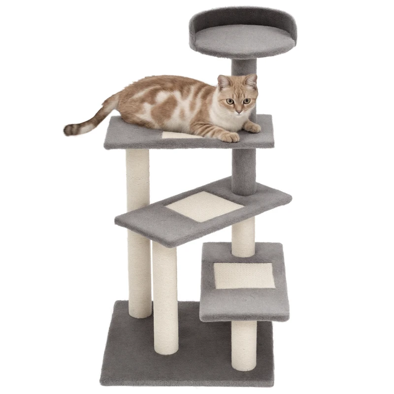 PawHut Tiragraffi per Gatti da 100cm con Lettino Rotondo, Pali in Sisal e Rivestimento in Peluche, Grigio