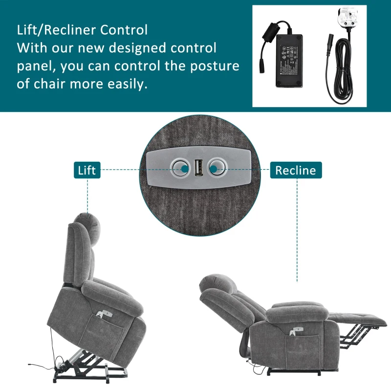 Electric Power Lift Recliner Chair with Massage and Heat, USB Ports and Storage Pocket, Easy Assembly and Support, 95L x 94W x 107H cm, Grey