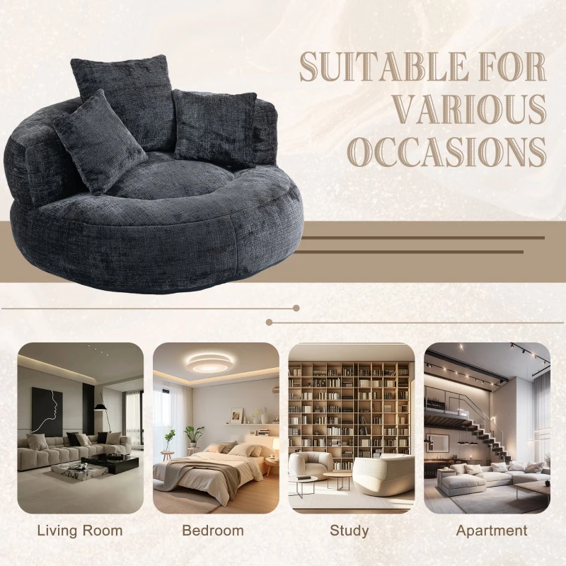 Lazy Sofa Bean Bag Chair with Memory Foam Filling and Chenille Fabric, High Back Design with Three Pillows, 108L x 108W x 52H cm, Black